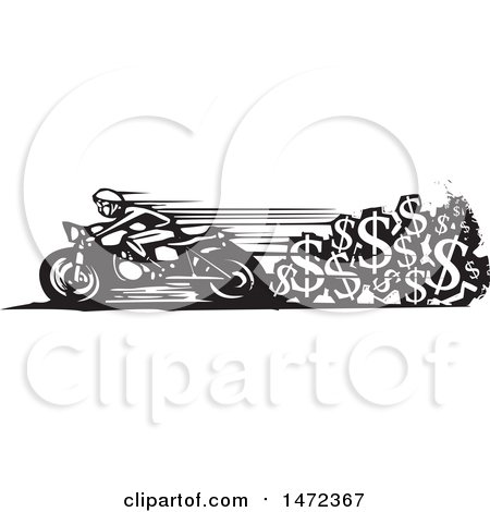 Clipart of a Biker Speeding on a Motorocycle, with a Trail of Dollar Currency Symbols, in Black and White Woodcut Style - Royalty Free Vector Illustration by xunantunich