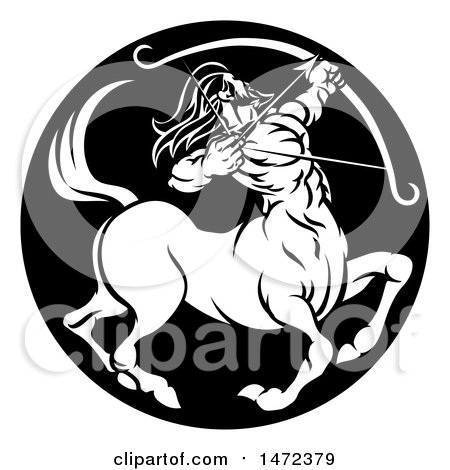 Clipart of a Zodiac Horoscope Astrology Centaur Sagittarius Circle Design in Black and White - Royalty Free Vector Illustration by AtStockIllustration