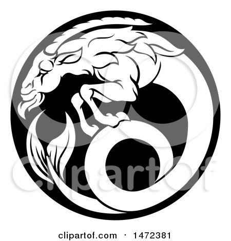 Clipart of a Zodiac Horoscope Astrology Capricorn Sea Goat Circle Design in Black and White - Royalty Free Vector Illustration by AtStockIllustration