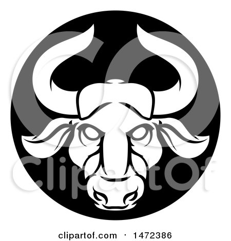 Clipart of a Zodiac Horoscope Astrology Taurus Bull Circle Design in Black and White - Royalty Free Vector Illustration by AtStockIllustration