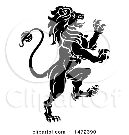 Clipart of a Black and White Rampant Lion - Royalty Free Vector Illustration by AtStockIllustration