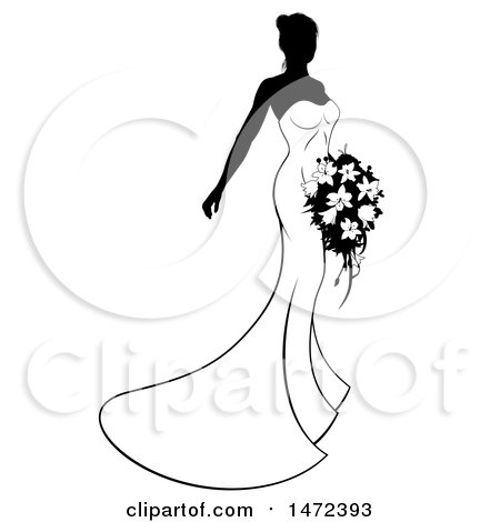 Clipart of a Silhouetted Black and White Bride with Flowers - Royalty Free Vector Illustration by AtStockIllustration