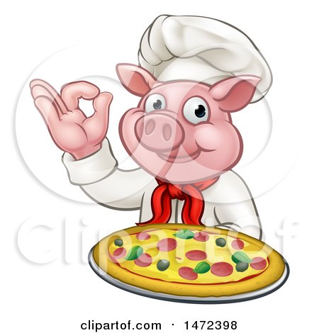 Clipart of a Chef Pig Holding a Pizza and Gesturing Okay - Royalty Free Vector Illustration by AtStockIllustration