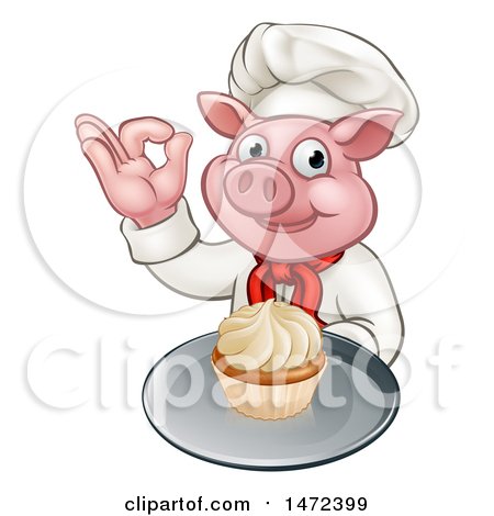 Clipart of a Chef Pig Holding a Cupcake and Gesturing Okay - Royalty Free Vector Illustration by AtStockIllustration