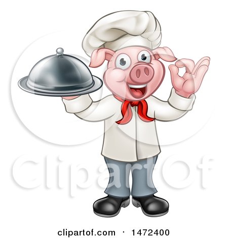 Clipart of a Chef Pig Holding a Cloche and Gesturing Okay - Royalty Free Vector Illustration by AtStockIllustration