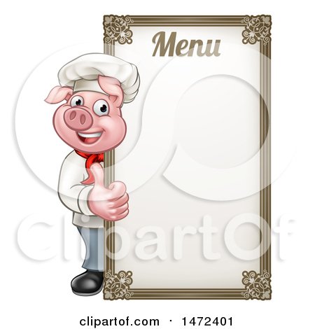 Clipart of a Chef Pig Giving a Thumb up Around a Menu Board - Royalty Free Vector Illustration by AtStockIllustration