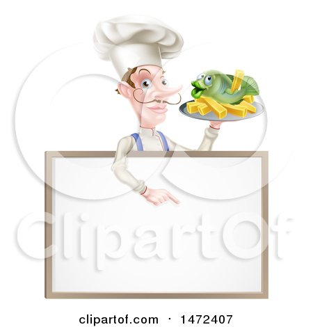 Clipart of a White Male Chef with a Curling Mustache, Holding a Fish and Chips on a Tray and Pointing down over a Menu - Royalty Free Vector Illustration by AtStockIllustration