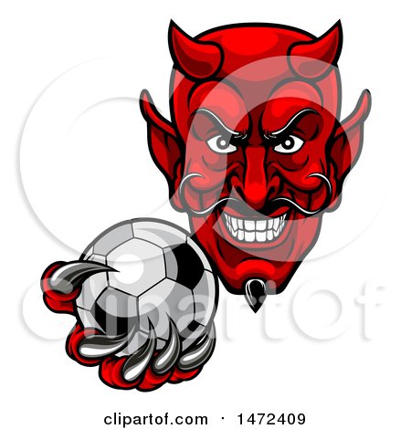 Clipart of a Grinning Evil Red Devil Holding out a Soccer Ball in a Clawed Hand - Royalty Free Vector Illustration by AtStockIllustration