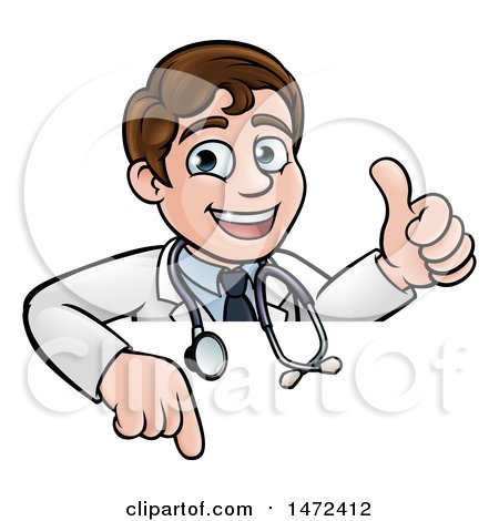 Clipart of a Cartoon Young Male Veterinarian or Doctor Giving a Thumb up over a Sign - Royalty Free Vector Illustration by AtStockIllustration