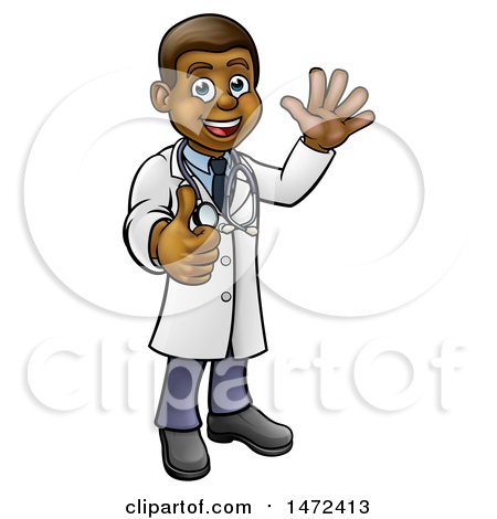 Clipart of a Cartoon Full Length Friendly Black Male Doctor Waving and Giving a Thumb up - Royalty Free Vector Illustration by AtStockIllustration