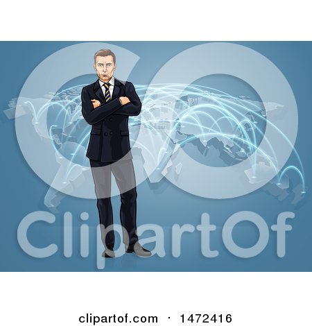 Clipart of a White Business Man Standing with Folded Arms over a World Map with Connections - Royalty Free Vector Illustration by AtStockIllustration