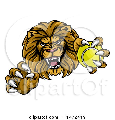 Clipart of a Tough Clawed Male Lion Monster Mascot Holding a Tennis Ball - Royalty Free Vector Illustration by AtStockIllustration