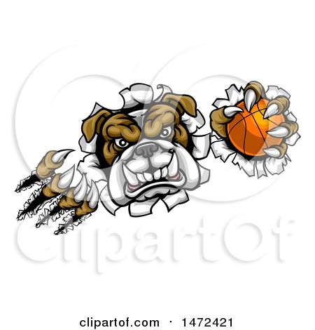 Clipart of a Tough Bulldog Monster Shredding Through a Wall with a Basketball in One Hand - Royalty Free Vector Illustration by AtStockIllustration