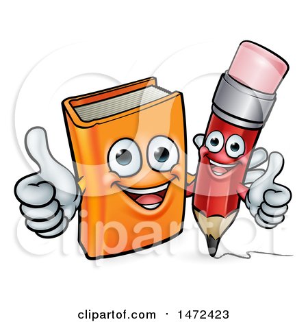 Clipart of a Red Pencil and Orange Book Giving Thumbs up - Royalty Free Vector Illustration by AtStockIllustration