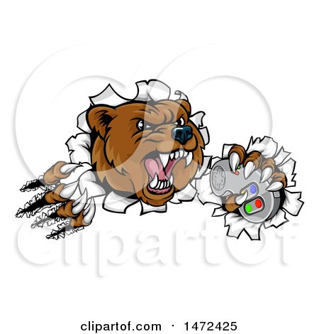 Clipart of a Mad Grizzly Bear Mascot Breaking Through a Wall and Holding a Video Game Controller - Royalty Free Vector Illustration by AtStockIllustration