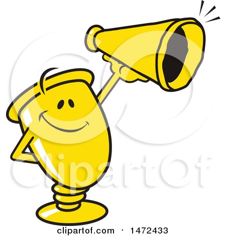Clipart of a Gold Trophy Cup Mascot Holding a Cheerleading Cone - Royalty Free Vector Illustration by Johnny Sajem