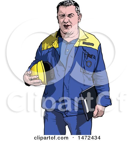 Clipart of a Caucasian Male Worker Holding a Hardhat and Clipboard - Royalty Free Vector Illustration by dero