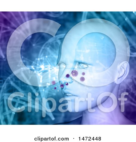 Clipart of a 3d Woman Showing Allergens or Viruses over Dna Strands - Royalty Free Illustration by KJ Pargeter
