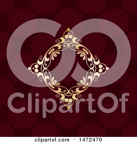 Clipart of a Golden Diamond Floral Frame over a Deep Red Pattern - Royalty Free Vector Illustration by KJ Pargeter
