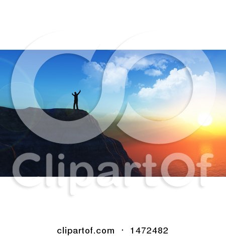 Clipart of a 3d Man Sanding on an Ocean Cliff Edge at Sunset - Royalty Free Illustration by KJ Pargeter