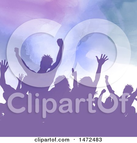 Clipart of a Purple Watercolor Crowd of Silhouetted Concert or Party People - Royalty Free Vector Illustration by KJ Pargeter