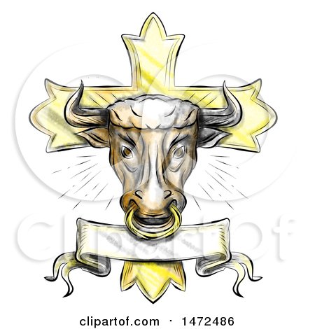 Clipart of a Tattoo Styled Bull Head on a Cross, on a White Background - Royalty Free Illustration by patrimonio