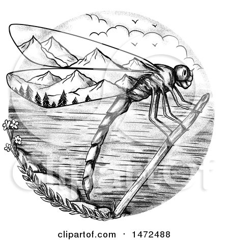 Clipart of a Tattoo Styled Dragonfly over a Mountainous Lake Scene, on a White Background - Royalty Free Illustration by patrimonio