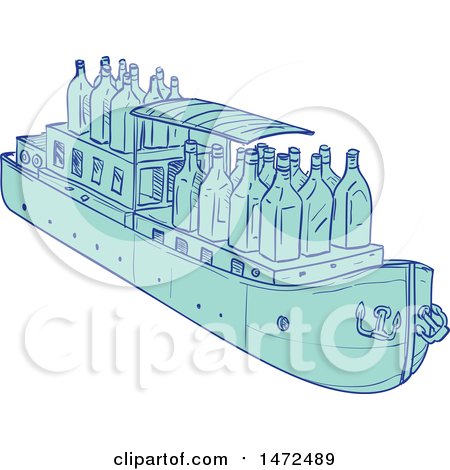 Clipart of a Flat Bottomed Barge with Gin Bottles - Royalty Free Vector Illustration by patrimonio