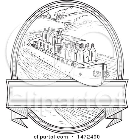 Clipart of a Flat Bottomed Barge with Gin Bottles over a Banner in an Oval - Royalty Free Vector Illustration by patrimonio