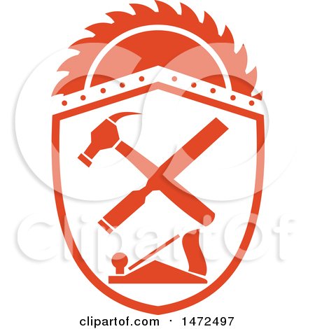 Clipart of a Carpenter Tools in a Shield with a Saw Blade - Royalty Free Vector Illustration by patrimonio