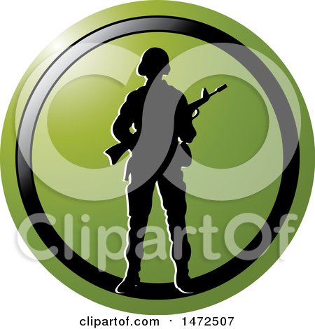Clipart of a Silhouetted Soldier in a Green and Black Circle - Royalty Free Vector Illustration by Lal Perera