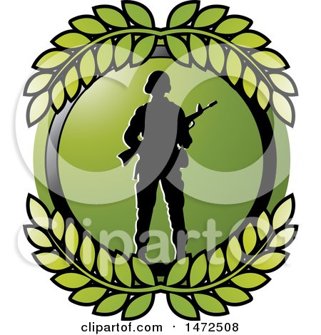 Clipart of a Silhouetted Soldier in a Green Circle with Leaves - Royalty Free Vector Illustration by Lal Perera