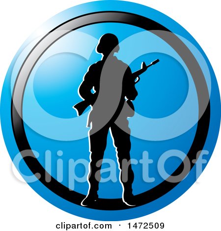 Clipart of a Silhouetted Soldier in a Blue and Black Circle - Royalty Free Vector Illustration by Lal Perera