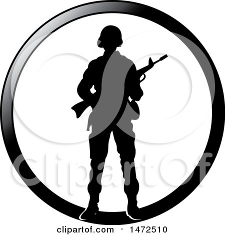 Clipart of a Silhouetted Soldier in a Black Circle - Royalty Free Vector Illustration by Lal Perera