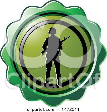 Clipart of a Silhouetted Soldier in a Green Seal Circle - Royalty Free Vector Illustration by Lal Perera