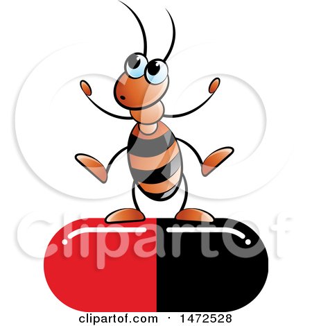 Clipart of a Cartoon Ant on a Red and Black Pill Capsule - Royalty Free Vector Illustration by Lal Perera
