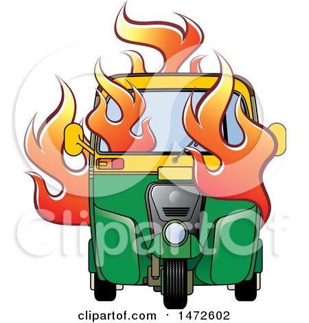 Clipart of a Flaming Tuk Tuk Auto Rickshaw - Royalty Free Vector Illustration by Lal Perera