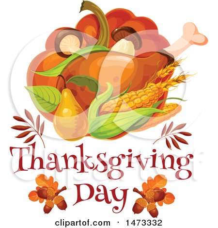 Clipart of a Turkey Leg and Food with Thanksgiving Day Text - Royalty Free Vector Illustration by Vector Tradition SM