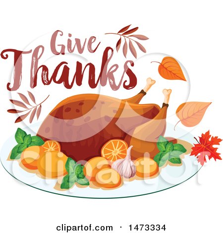 Clipart of a Give Thanks Design over a Roasted Turkey - Royalty Free Vector Illustration by Vector Tradition SM