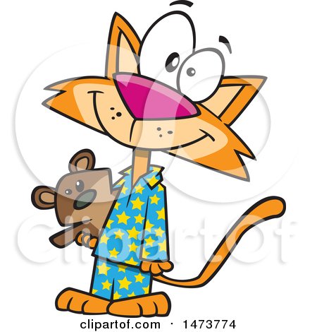 Clipart of a Cartoon Happy Ginger Cat Wearing Pajamas and Holding a Teddy Bear - Royalty Free Vector Illustration by toonaday