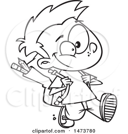 Clipart of a Cartoon Lineart School Boy Walking - Royalty Free Vector Illustration by toonaday