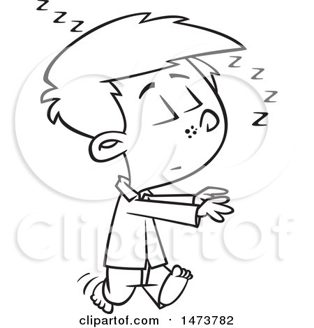 Clipart of a Cartoon Lineart Boy Sleep Walking - Royalty Free Vector Illustration by toonaday