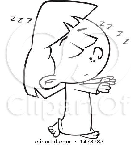 Clipart of a Cartoon Lineart Girl Sleep Walking - Royalty Free Vector Illustration by toonaday