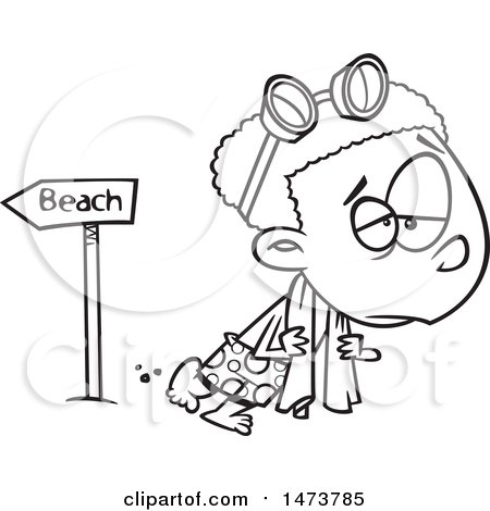 Clipart of a Cartoon Lineart Depressed Boy Leaving the Beach After Summer Vacation - Royalty Free Vector Illustration by toonaday