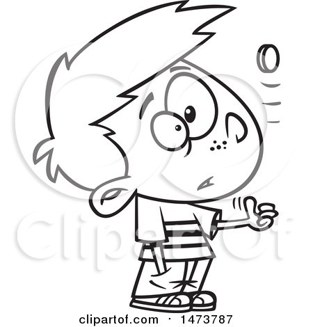 Clipart of a Cartoon Lineart Boy Tossing a Coin - Royalty Free Vector Illustration by toonaday