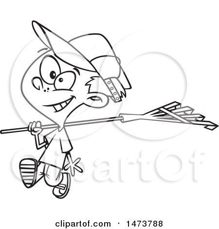 Clipart of a Cartoon Lineart Boy Carrying a Rake - Royalty Free Vector Illustration by toonaday