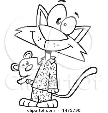 Clipart of a Cartoon Lineart Happy Cat Wearing Pajamas and Holding a Teddy Bear - Royalty Free Vector Illustration by toonaday