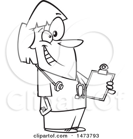 Clipart of a Cartoon Lineart Happy Female School Nurse Holding a Clipboard - Royalty Free Vector Illustration by toonaday