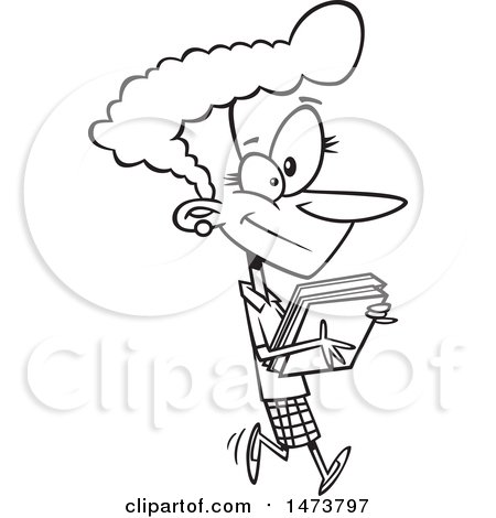 Clipart of a Cartoon Lineart Business Woman Carrying Books - Royalty Free Vector Illustration by toonaday