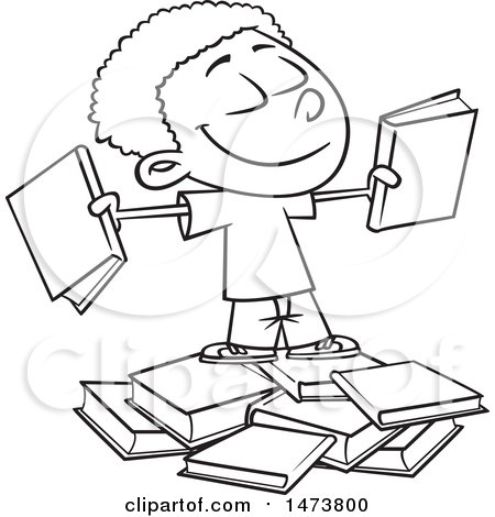 Clipart of a Cartoon Lineart School Boy with Books - Royalty Free Vector Illustration by toonaday